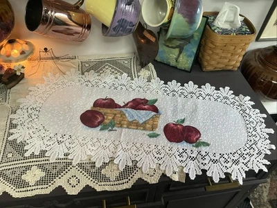 Lace Apple Basket Table Runner Centerpiece Fall White Red Harvest 14 x 30 A20 - Image 1 of 2