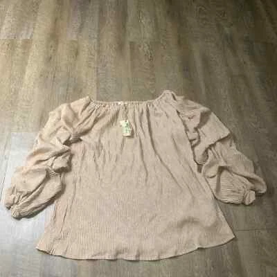 Top Caballete Mujer Medio Rosa Metálico Plisado Mangas Globo Cuello Elástico Boho Foto 1 de 4