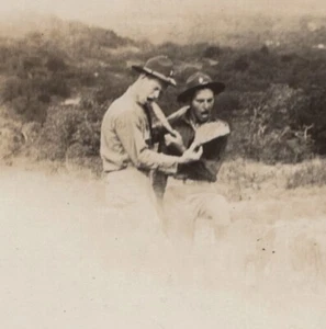Handsome Men Outdoors Hilltop Holding Eating Some Object Blurred Rustic 1930s - Picture 1 of 3