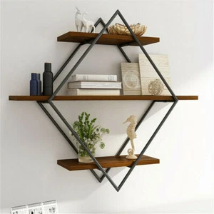 3 Tier Geometic Industrial Wall Mounted Shelf Rustic Iron Diamond Floating Shelf - Picture 1 of 14