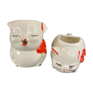 Pig Creamer and Sugar Set Vintage Ivory Red Anthropomorphic Shawnee - Picture 1 of 12