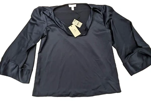 Halston Blouse Ladies Medium Blue Wide Flared Sleeve Droop Neck - Picture 1 of 10