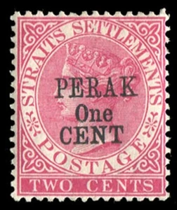 Malasia-Perak 1891 1c en 2c rosa, HR, fino, SG 55, con certificado BPA de 1980, Cat 450 £ - Imagen 1 de 1