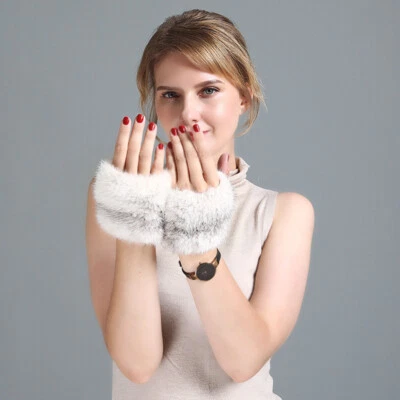 Women's Real Mink Fur Gloves Fingerless Knitted Elastic Wrist Mittens Sleeves - Image 1 of 4