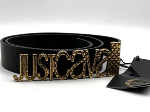 Just Cavalli Belt Women Black Genuine Leather Size 34 Gold Logo - Picture 1 of 14