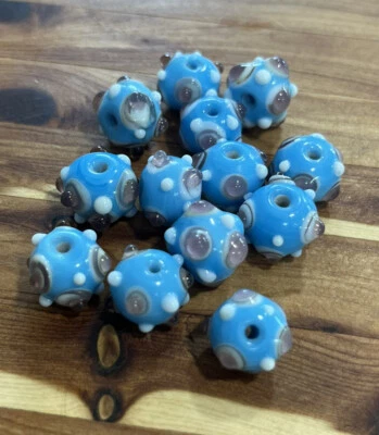 Vintage Blue Art glass Lampwork  Glass beads Blue Lavender Dot Exact Lot Of 12 - Image 1 of 4