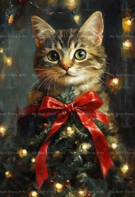 CHRISTMAS TREE KITTEN ART PRINT, Library Holiday Painting, Cat Decor Poster E509 - Image 1 of 2