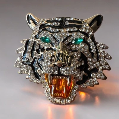 Broche Cabeza de Tigre Estrás Vintage Tono Dorado Ojos Verdes Esmalte Negro Prendedor Foto 1 de 4