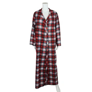 Vintage 60s Plaid Robe Red Cotton Long Flannel Sleepwear - Picture 1 of 11