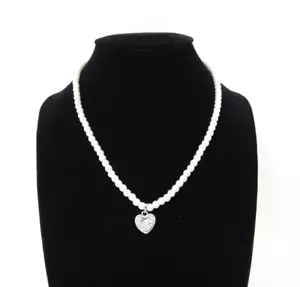 Coach Women's White Necklace Brass Heart Glass Pearl Choker Silver 12”+3” Ext. - Picture 1 of 12