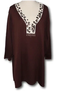 QUACKER FACTORY (3X) Animal Design Y Placket Fringe Sweater Brown LN - Picture 1 of 4
