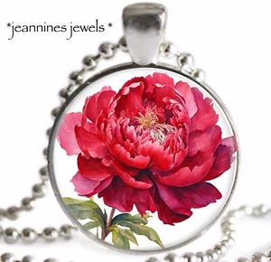 Red Peony Flower NECKLACE Silver Charm Pendant Watercolor Floral Art Necklace - Picture 1 of 13