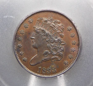 1833 Classic Head Half Cent 1/2c ICG AU58 #001 About Uncirculated ECC&C, Inc. - Picture 1 of 5