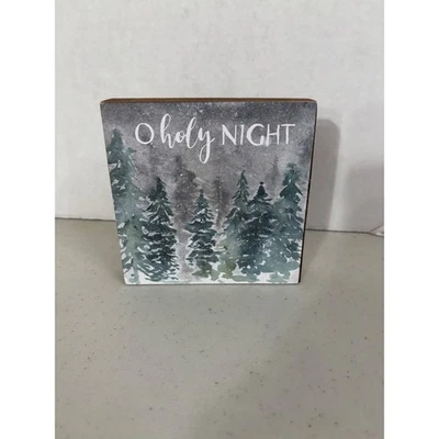 Primitives by Kathy O Holy Night Wood Block Sign Christmas Winter Tree Decor - Image 1 of 3