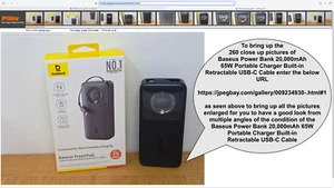Baseus Power Bank 20,000mAh 65W Portable Charger Built-in Retractable USB-C Cabl - Zdjęcie 1 z 24