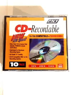 PNY 10 PACK CD-RECORDABLE BLANK DISC'S 700MB/80 MINUTES DATA AUDIO VIDEO - Image 1 of 2