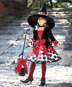 EUC CHASING FIREFLIES 6 OR 10 SAMANTHA POLKA DOT WITCH COSTUME/NWT HAT & TIGHTS - Picture 1 of 16
