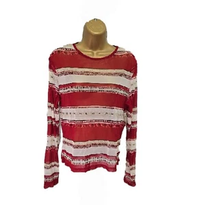 Vintage Sheer Shirt Top Unisex Large Y2K Red Black Stripe Long Sleeve Stretch - Picture 1 of 7