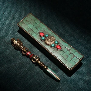 Tibet Buddhist Bronze Vajra Hayagriva Phurba Dagger Inlay Turquoise Statue Box - Picture 1 of 9