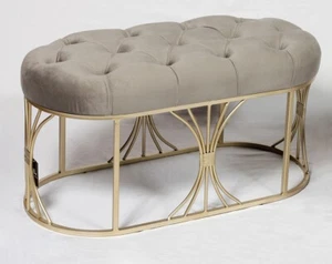 Handmade Tufted oval-shaped velvet stool with Gold metal base - Light GReY - Picture 1 of 17