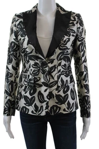 Deborah James Womens Floral Long Sleeve Blazer Black White Size 38 - Picture 1 of 7