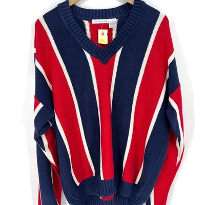 Suéter Liz Claiborne Vintage Rojo Blanco Azul Rayas Anchas Cuello en V Algodón Nuevo con Etiquetas Foto 1 de 4