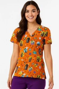 Dickies Halloween Print Fall Scrub Top Women's Medium Orange Ghosts Pumpkins - Picture 1 of 7