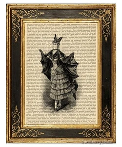 Victorian Bat Girl Costume Art Print on Vintage Book Page Home Halloween Decor - Picture 1 of 3