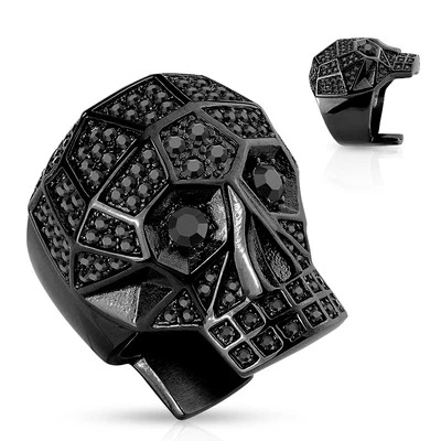 Anillo de acero inoxidable con calavera facetada pavimentada de cristal en plata, oro o negro Foto 1 de 2