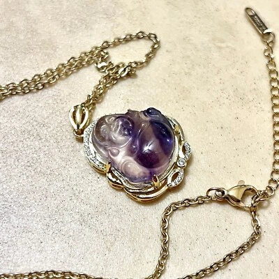 Fluorite Buddha Gemstone Necklace, Clear Rhinestone Gold Plated Stainless Steel - Image 1 of 4