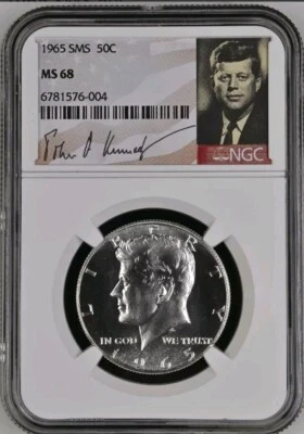 1965 SMS MS 68 50c Kennedy Half Dollar NGC, Signature Label Bx22 - Image 1 of 2