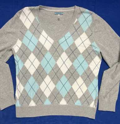 Suéter para mujer Argyle ligero cuello suéter gris blanco aguamarina talla L Foto 1 de 3