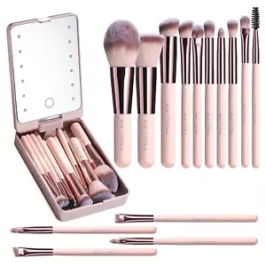 Travel Makeup Brush Set with LED Light Mirror 14 Pcs Mini Makeup Brushes - Picture 1 of 15