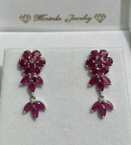 14k Solid White Gold Flower Dangle Stud Earrings, Natural Ruby 3.69 Grams - Picture 1 of 5