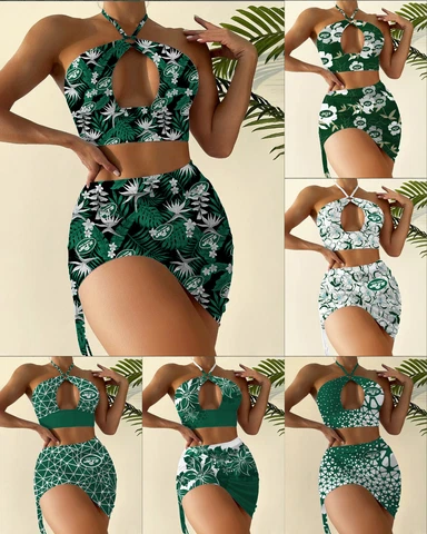 New York Jets Womens 2Pcs Cutout Swimsuit Halter Bikini Set with Cover Up Skirt Cover