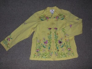 EMBROIDERED SEQUINED JACKET Sz L Sunny Yellow Zip Front SO CHEERY Cotton Blend - Picture 1 of 4