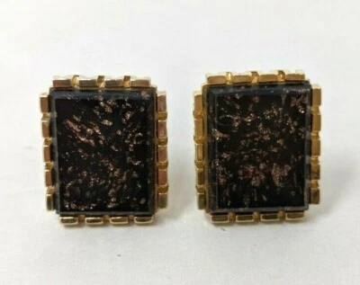 VTG Hickok Gold Tone Black Lucite Confetti Flecks Rectangle Greek Key Cufflinks - Image 1 of 4