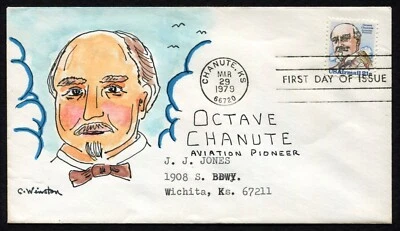 1979 C WINSTON Hand Drawn & Painted AVIATION Octave Chanute Cachet FDC - Image 1 of 3