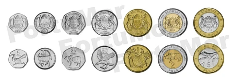 Botswana 7 Pcs Coin Set, 5 10 25 50 Thebe 1 2 5 Pula 2013 2016, UNC, Animals Cover