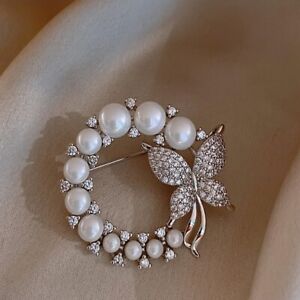 Elegant Faux Pearl Vintage Butterfly Brooch Rhinestone Suit Accessories Jewelry