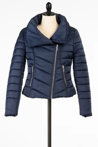 GUESS Puffer Quilted Jacket Coat Women Size M Navy Blue Zip Up Fitted Y2K - Picture 1 of 17