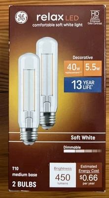 (2) GE Relax LED T10 Soft White Medium Base Dimmable 40W replacement 5.5W NIB - Image 1 of 4