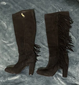 Ralph Lauren Vanida Black Suede Leather Fringe Boots 7.5 Boho Western Y2K - Picture 1 of 4