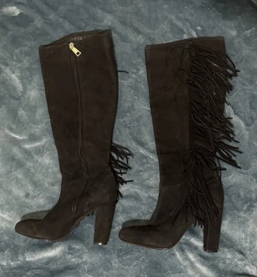 Ralph Lauren Vanida Black Suede Leather Fringe Boots 7.5 Boho Western Y2K - Image 1 of 4