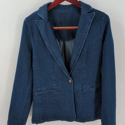 Blazer Gloria Vanderbilt x Christian Siriano Manga Larga Denim Manchado Talla S Foto 1 de 4
