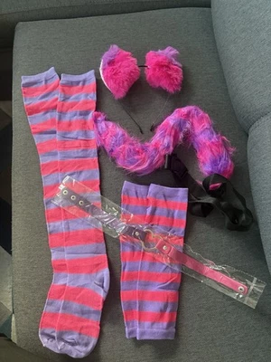 Merroyal Cat Costume Set with Striped Socks, Cat Ears, Choker and Tail, Pink - Image 1 of 4
