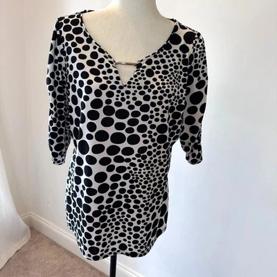 XL Polka Dot Tunic Top Black White Bar Neckline Stretch Blouse Office Classic - Image 1 of 4