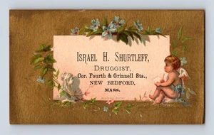 Israel H. Shurtleff Druggist Cherub Artist New Bedford MA Victorian Trade Card - Picture 1 of 4