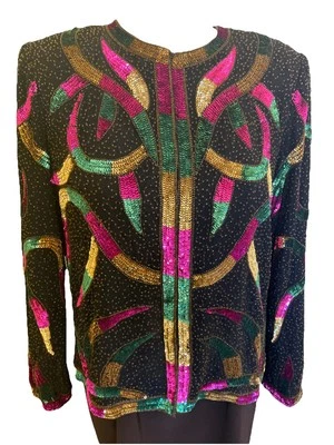 Chaqueta Blazer Vintage Laurence Kazer Seda Adornada Lentejuelas Petite XL PXL Z63 Foto 1 de 4