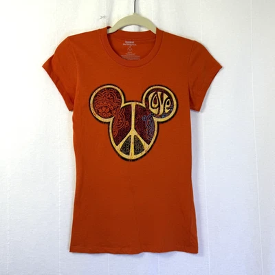 Disney World Mickey Mouse T Shirt Womens Sz S Orange Peace Love Graphic Tee - Image 1 of 4